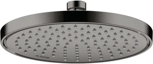 Runde Kopfbrause in glänzender schwarzer Chrom-Optik von AXOR mit gleichmäßig angeordneten Wasserstrahlen für eine effiziente Nutzung.